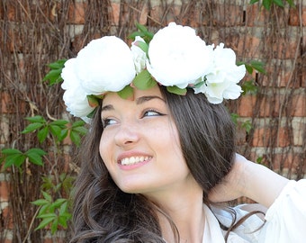 Boho Flower Crown, White Flower Tiara, Wedding Crown, Big Peony Bridal Headband, Music Festival Flower Halo, flower headpiece
