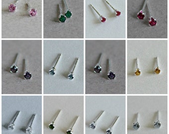 2mm Stud Earrings Set - Tiny Studs Birthstone Colors Small Studs Create Your Own Set