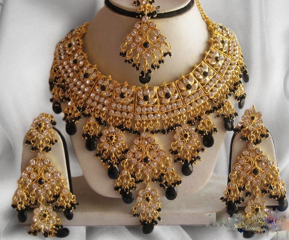 Indian Jewellery Set Handmade Gold Alloy and Rhinestones Black & Clear