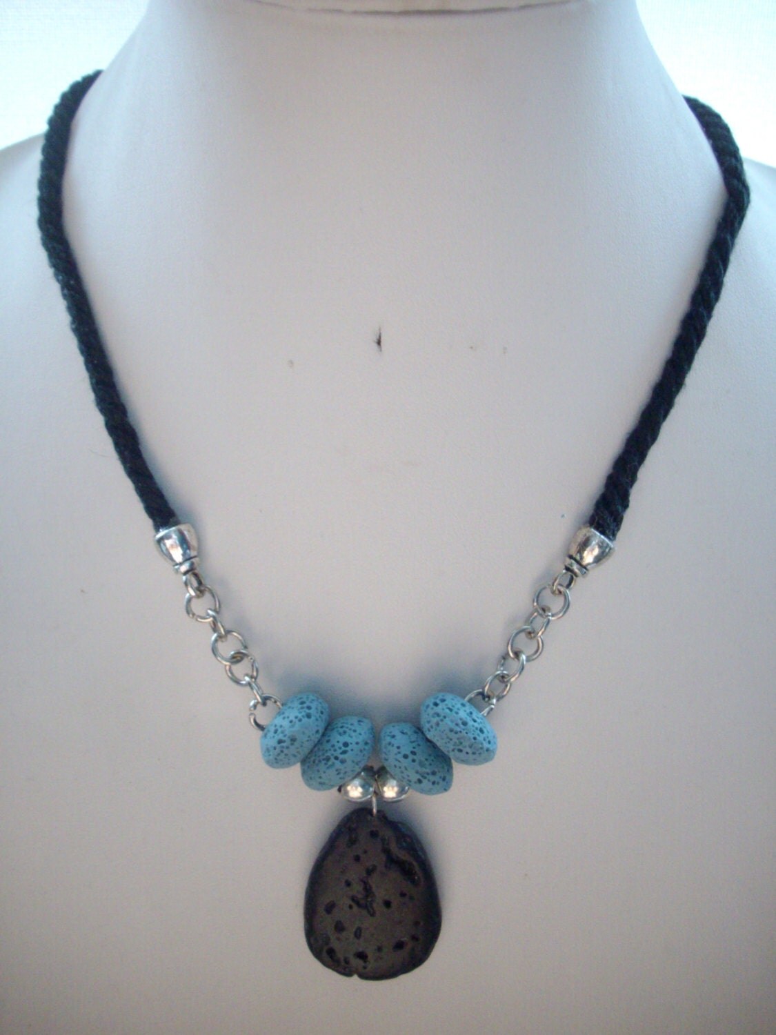 5mm Black Woven Cotton Cord Necklace with Silver Chain Blue