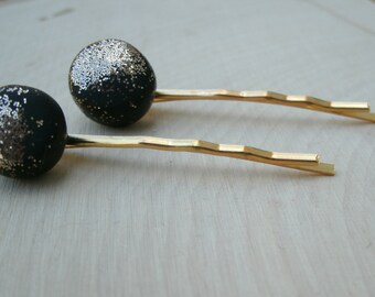 Black Gold Sparkle Bobby Pins Handmade Polymer Clay