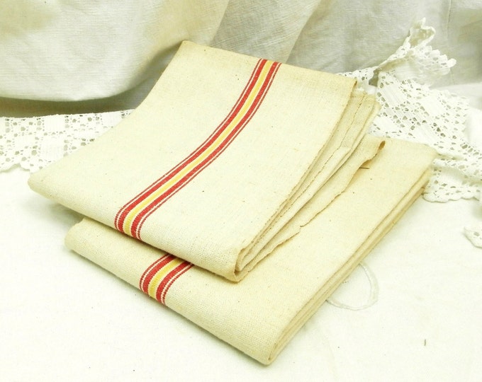 Large Unused Vintage French Linen Tea Towel with Woven Red and Yellow Stripes / French Country Kitchen Decor / French Decor / Retro Interior