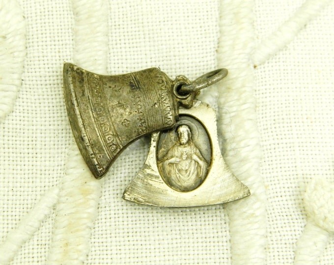 Vintage French Religious Pendant in the Shape of a Bell which Slides Open and inside is an Image of Christ and Monmartre / Religious Jewelry