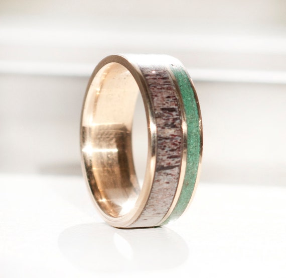 Mens Wedding Band Antler wedding ring with malachite custom made ring