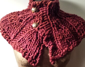 Glam.....Rust, burgundy, capelet, neckwarmer, hand knit, 100 % chunky, soft, merino wool, winter 2014 trend color.