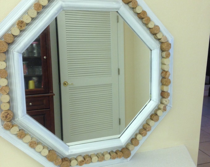 Solid Wood Framed Mirror - Distressed White - Cork Trimmed