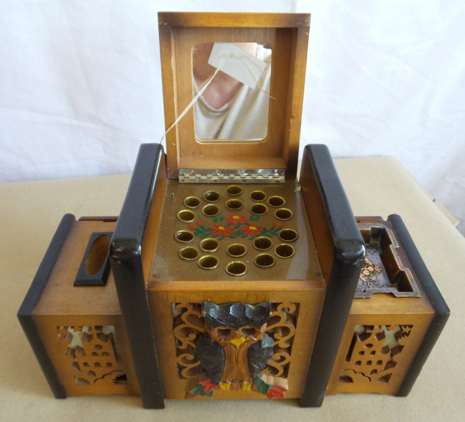 Vintage Carved Wood Musical Cigarette Dispenser