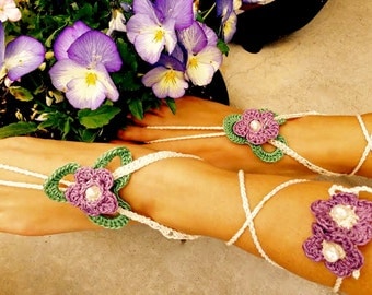 Barefoot Sandals; Crocheted Violets