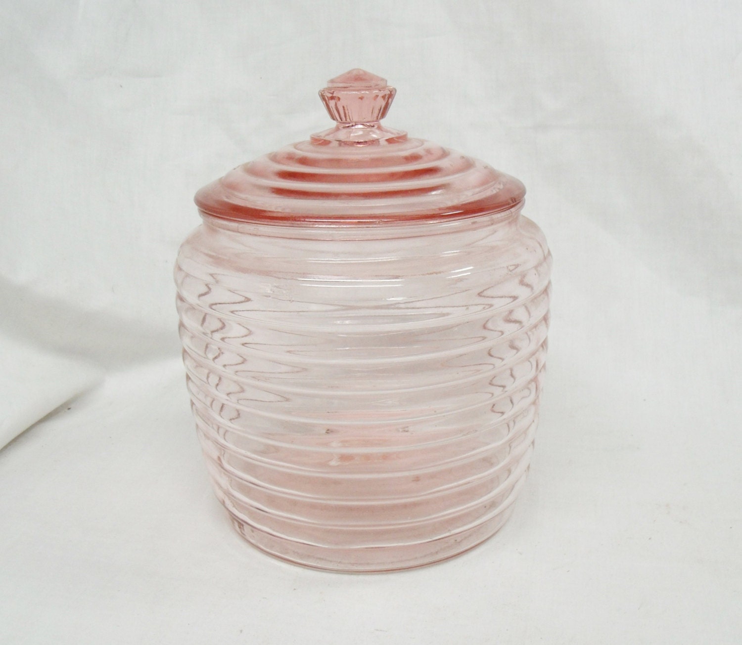 Pink Depression glass Biscuit Jar cookie canister with ribbed