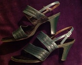 1940s shoes bottle green dance strappy heels shoes leather WW2 evening