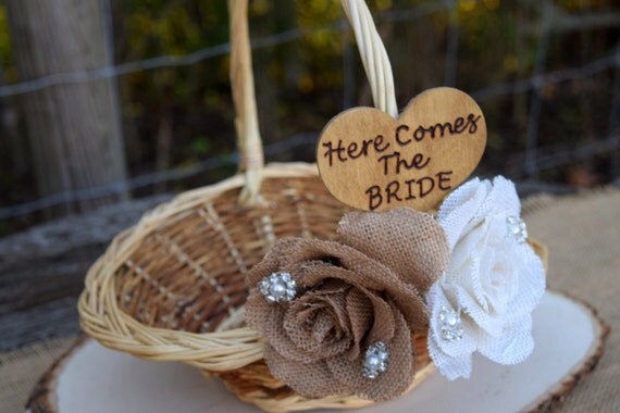 Burlap Flower Girl Basket - Rustic Flower Girl Basket - Rustic Wedding - Shabby Chic Wedding - Rustic Flower Girl by CountryBarnBabe
