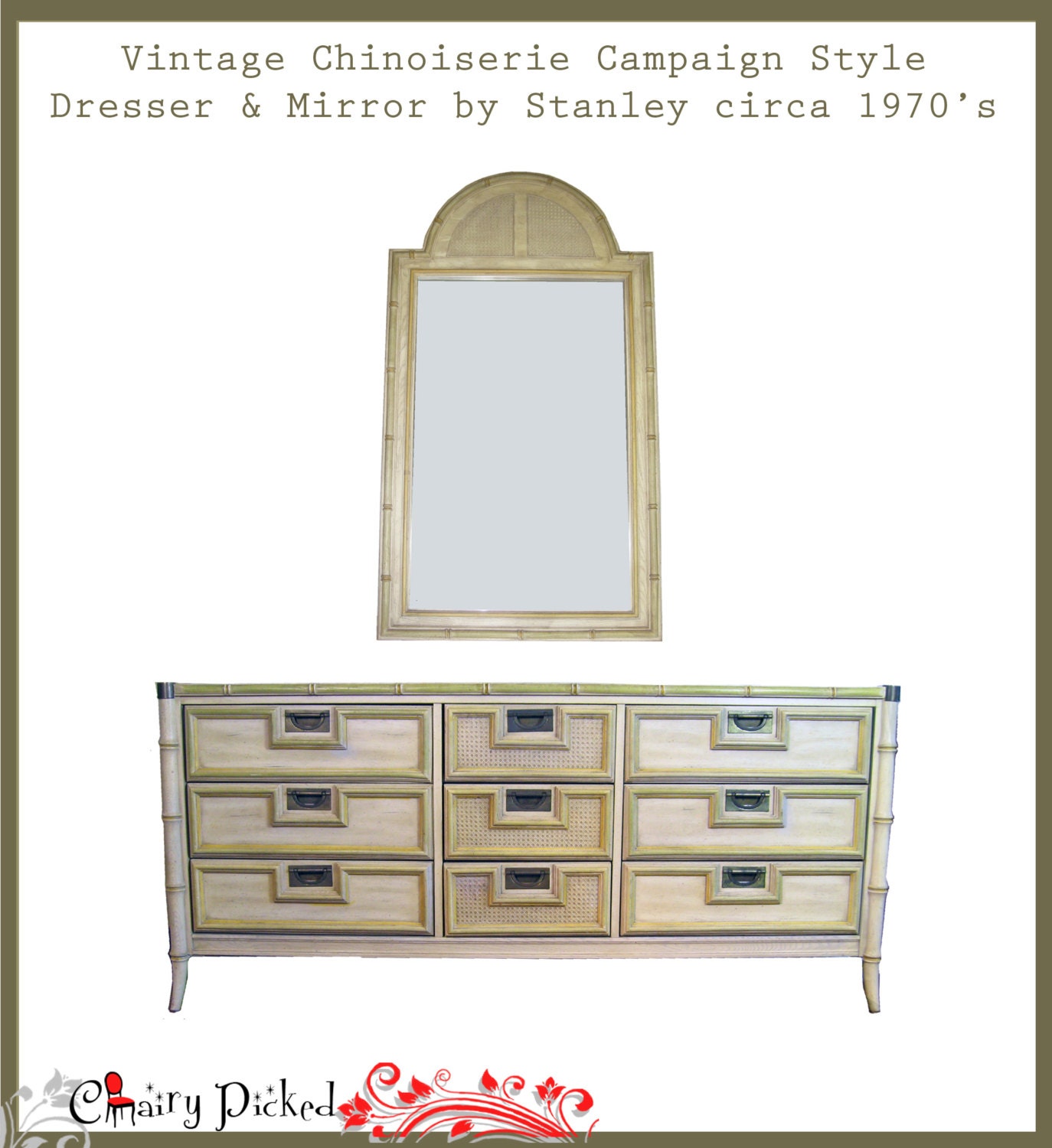 Vintage Faux Bamboo Campaign Style Dresser & Mirror Haute Juice