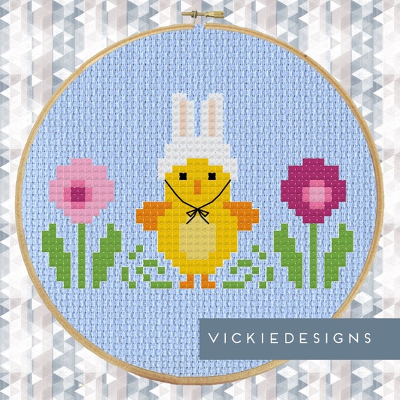 Easter Chicken Flowers Modern Cross Stitch Pattern PDF