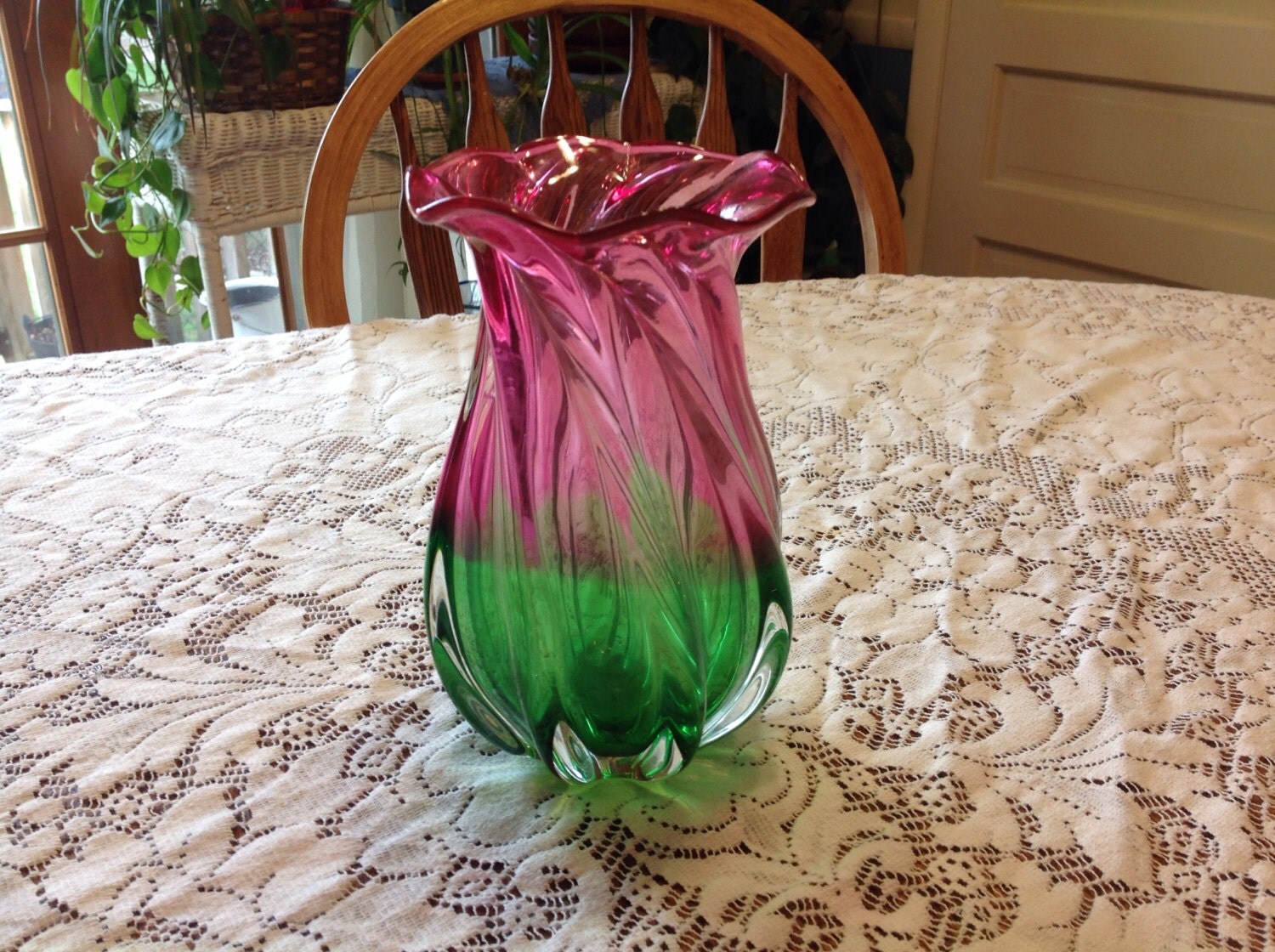 Vintage Pink and Green Vase Swirl Vase by by MichellesHouse