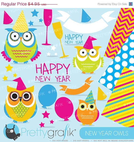 80% OFF SALE New Year Owls clipart commercial use, vector graphics, digital clip art, digital images - CL622 Il_570xn