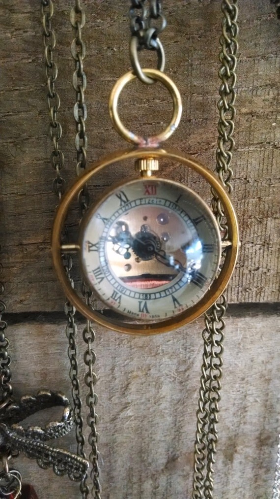 Real working pocket watch necklace time turner antiqued chain
