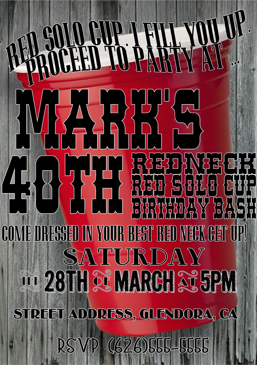 5.125 by 7.25 RED CUP/Redneck Party Invitation