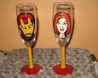 Iron Man and Pepper Potts Champagne Glasses / Toasting Glasses /Harley Quinn/Joker /Geekery/Custom Made/ Personalize at no Extra Charge
