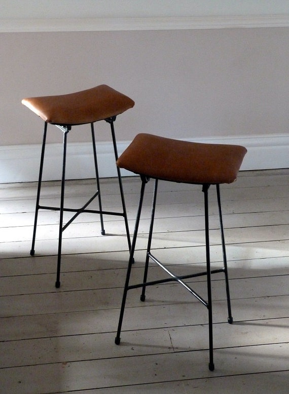 Pair of Vintage Leather Cafe Saddle Stools / Bar by OrmstonSaintUK