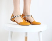 SALE 20% New! Yellow flats T-strap leather shoes handmade ADIKILAV