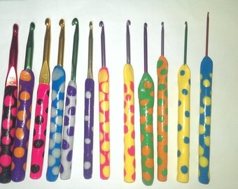 Set of 12 crochet hooks with Polymer Clay handles.