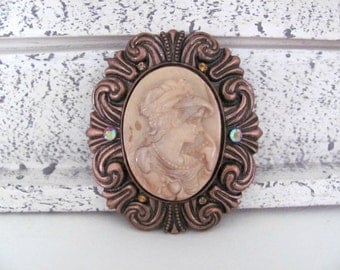 Vintage Cameo Brooch, 1980's Cameo, Copper Cameo Brooch, Pin, 1980's Brooch, Jewelry