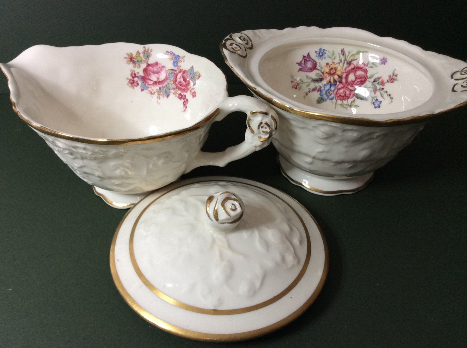 POPE GOSSER Rose Point China Creamer and Sugar Bowl w/lid