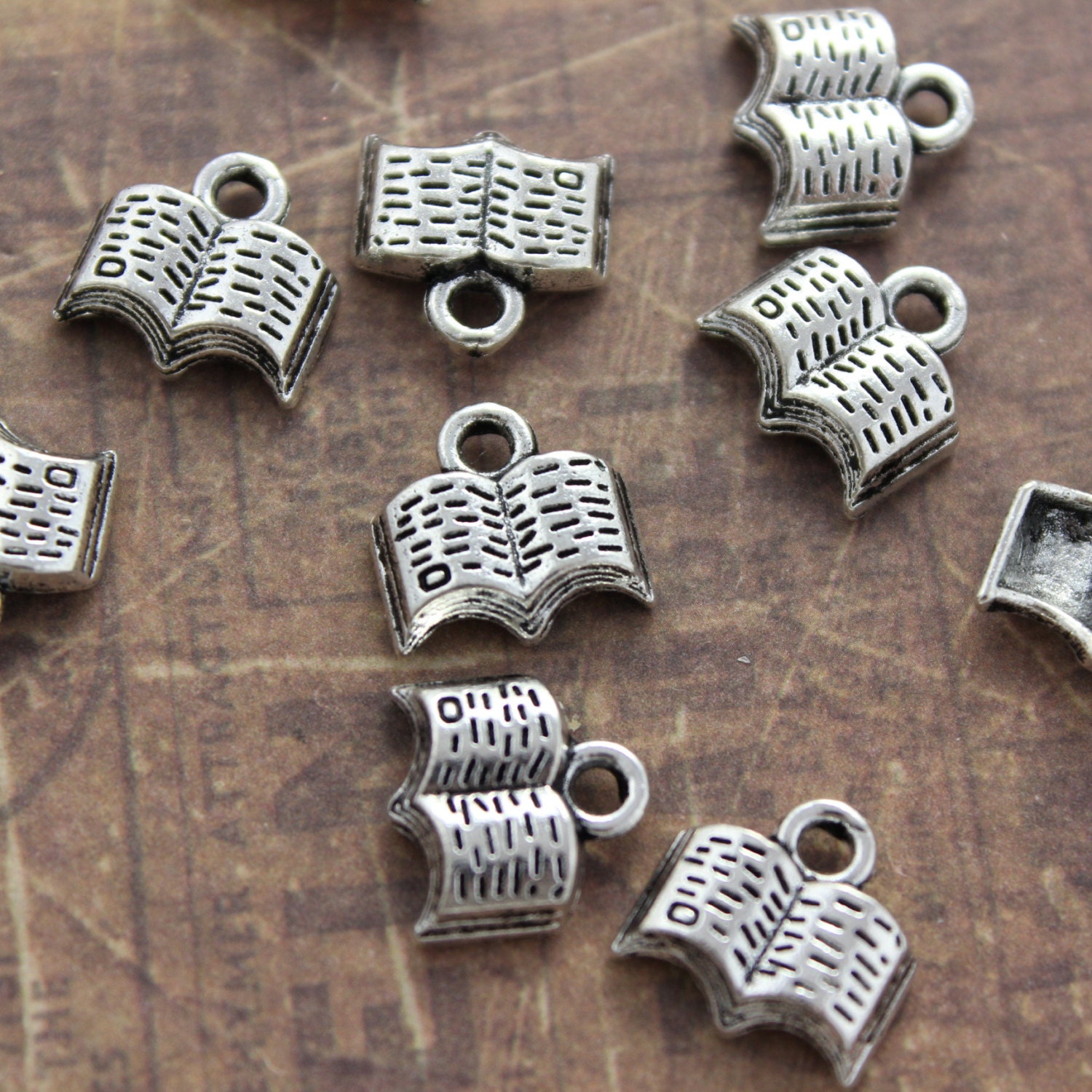10 Tiny Book Charms Book Pendants Antiqued Silver Tone 12 x
