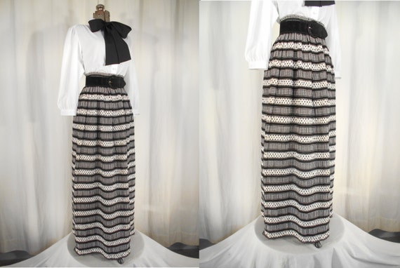 1960s Skirt// Maxi Skirt // Polka Dot Skirt// Striped Skirt// Black White Maxi Skirt// Patchwork Skirt// Polka Dot Maxi// Boho Maxi Skirt