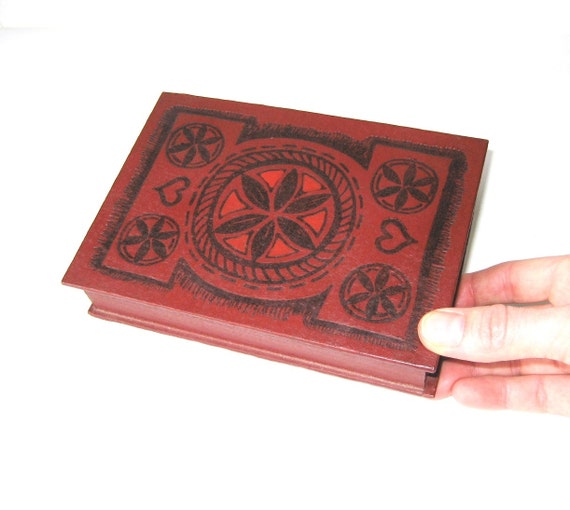 Leather Box for Playing Cards Vintage Hand Tooled Cerise Embossed Dual