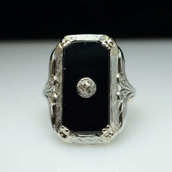 Antique Edwardian Onyx & Diamond Signet Solitaire Ring 18k