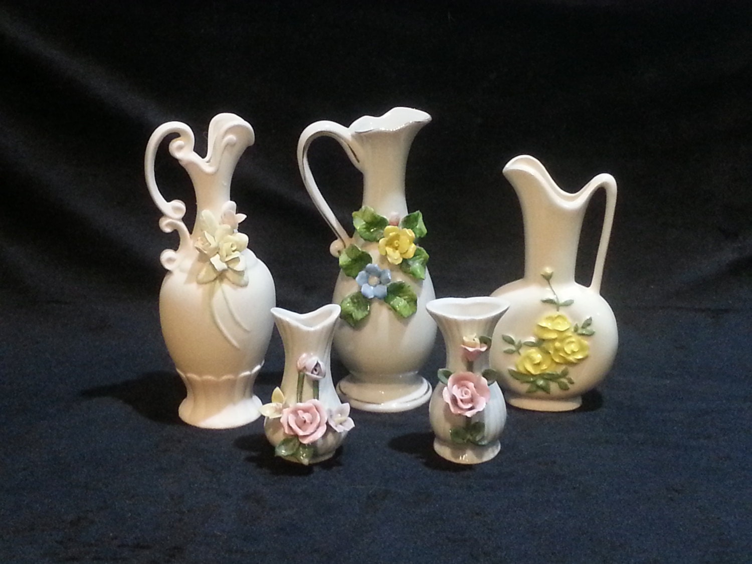 5 Piece Porcelain Vase Set Raised Floral Pink by DeAnnasAttic