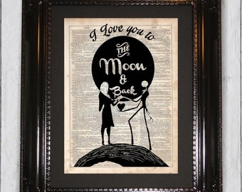 I Love You to the Moon and Back, Dictionary Art Print, Upcycled Book, Silhouette, dictionary page Wall Decor, Wall Hanging, Mixed Media Art