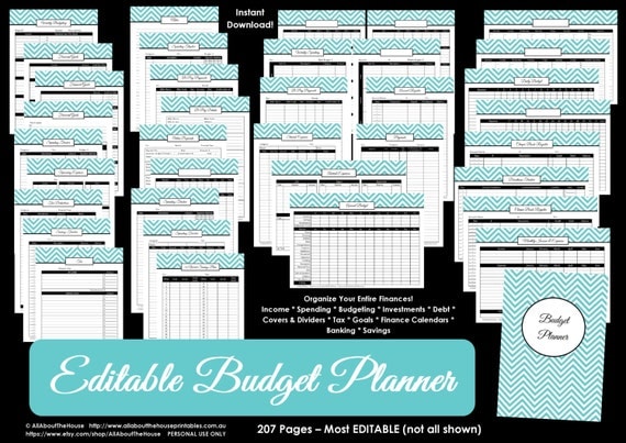 Budget planner LIGHT BLUE EDITABLE printable Household Binder Chevron debt savings banking tax account Budget template Finance money spende