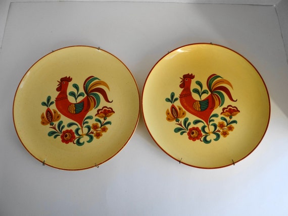 Vintage Mid Century Rooster Plates with Plate Holders Set of 2