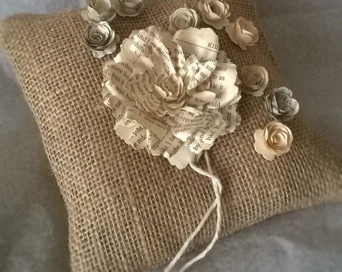 Book Page Rose , Burlap Ring Bearer Pillow , Made to order, Free Shipping
