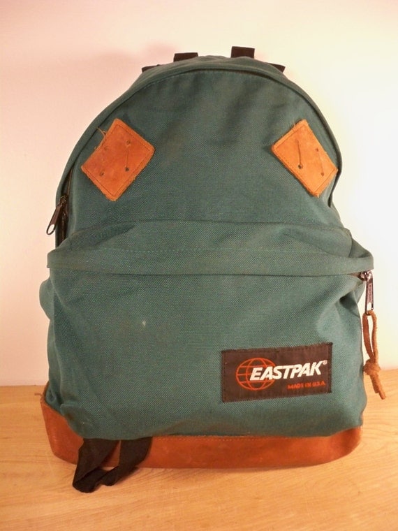 Vintage Eastpak Green Canvas & Brown Leather Rucksack by Joeymest