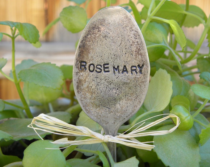 ROSEMARY spoon - herb garden marker - hand stamped yard art - flower pick - rustic spoon garden art - re-purposed flatware - gardener gift