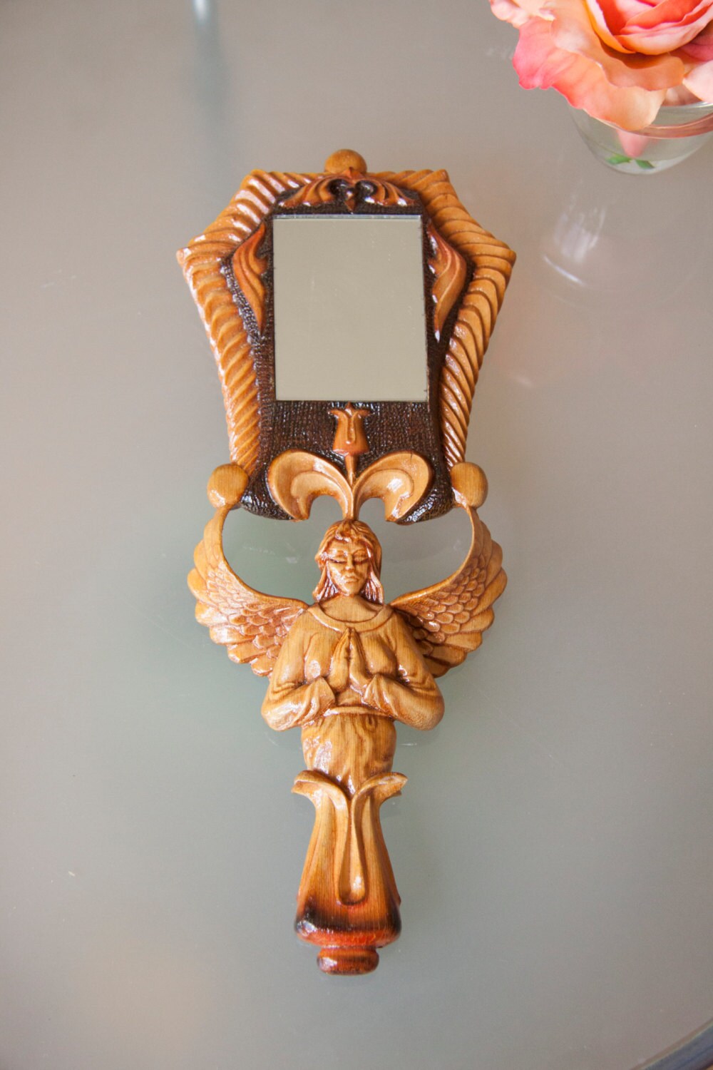 Unique Wooden Artistic Hand Mirror with Angel Haute Juice