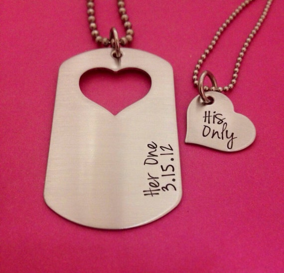 Couples Necklace Set Dog Tag with Heart Cutout Her by One27Designs