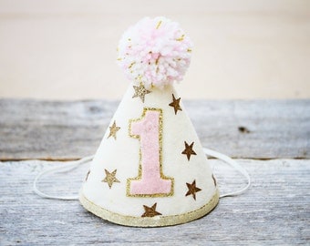 Girls 1st Birthday Twinkle Little Star Party Hat - Gold or Silver and Pink - Cake Smash