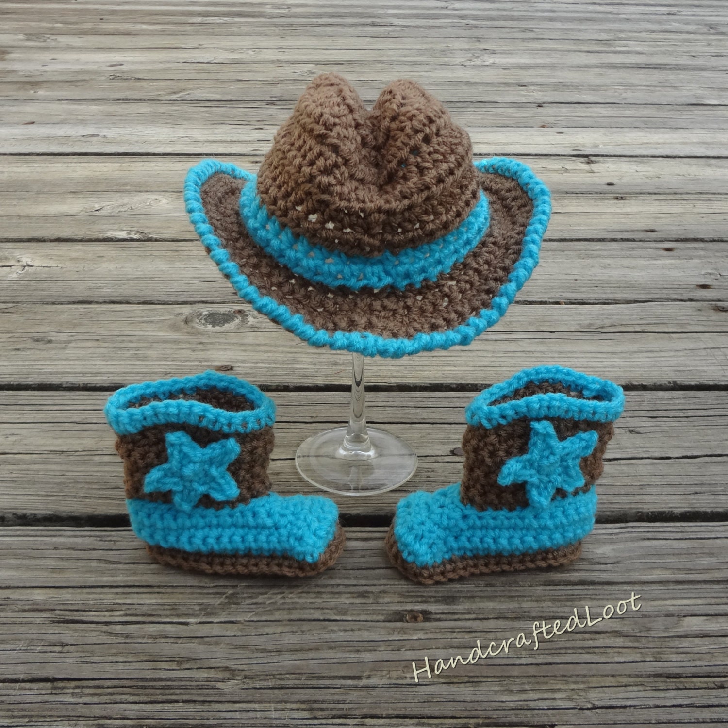 Newborn Baby Cowboy Hat Boot Set Crochet Handmade Photo Prop