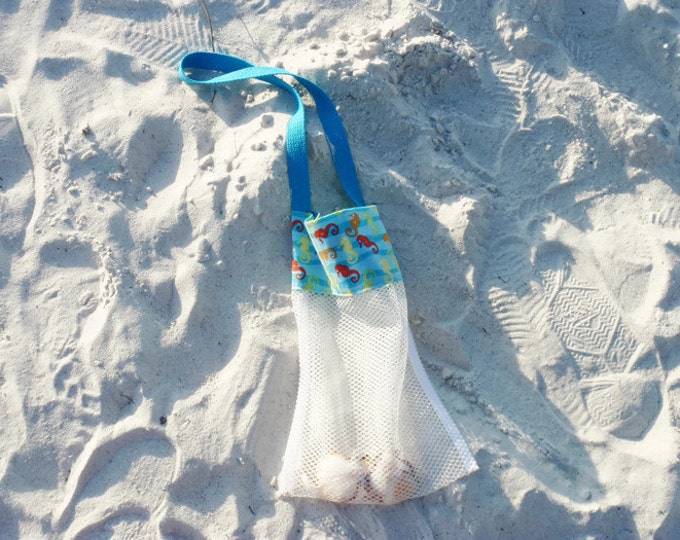 Sea Shell Bag, Shell Collecting Bag, Mesh Beach Bag, Pool Toy Bag, Kids Shell Tote Bag, Sand Beach Bag, Blue Swirl Beachcomber Bag