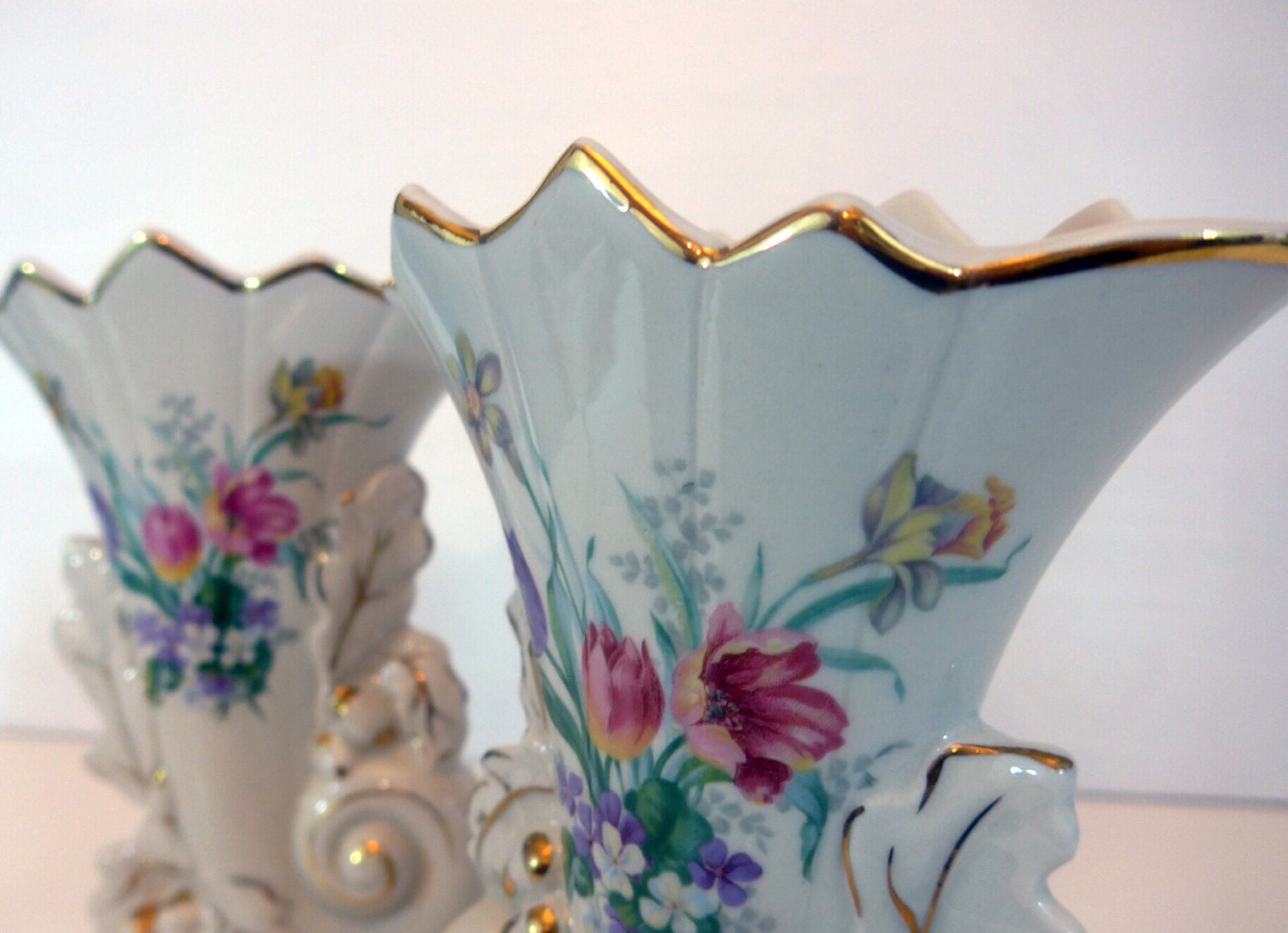 Vintage Pair Vases Ceramic Floral on Ivory Vases Gold Trim 2 Fan