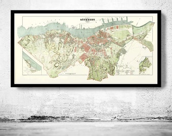 Old Vintage Map of Gothenburg Göteborg Sweden 1888