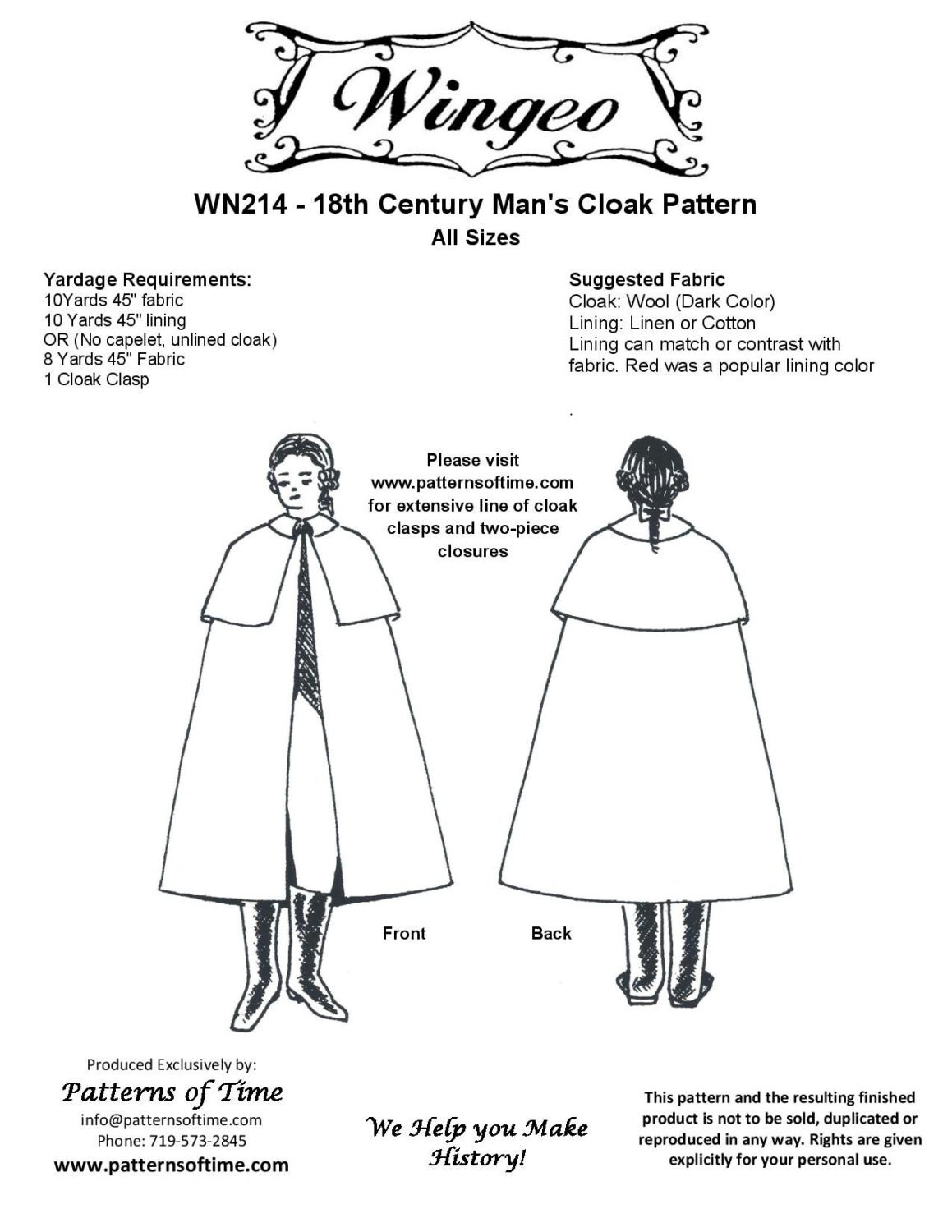 WN214 18th Century Mens Cloak Sewing Pattern by Wingeo