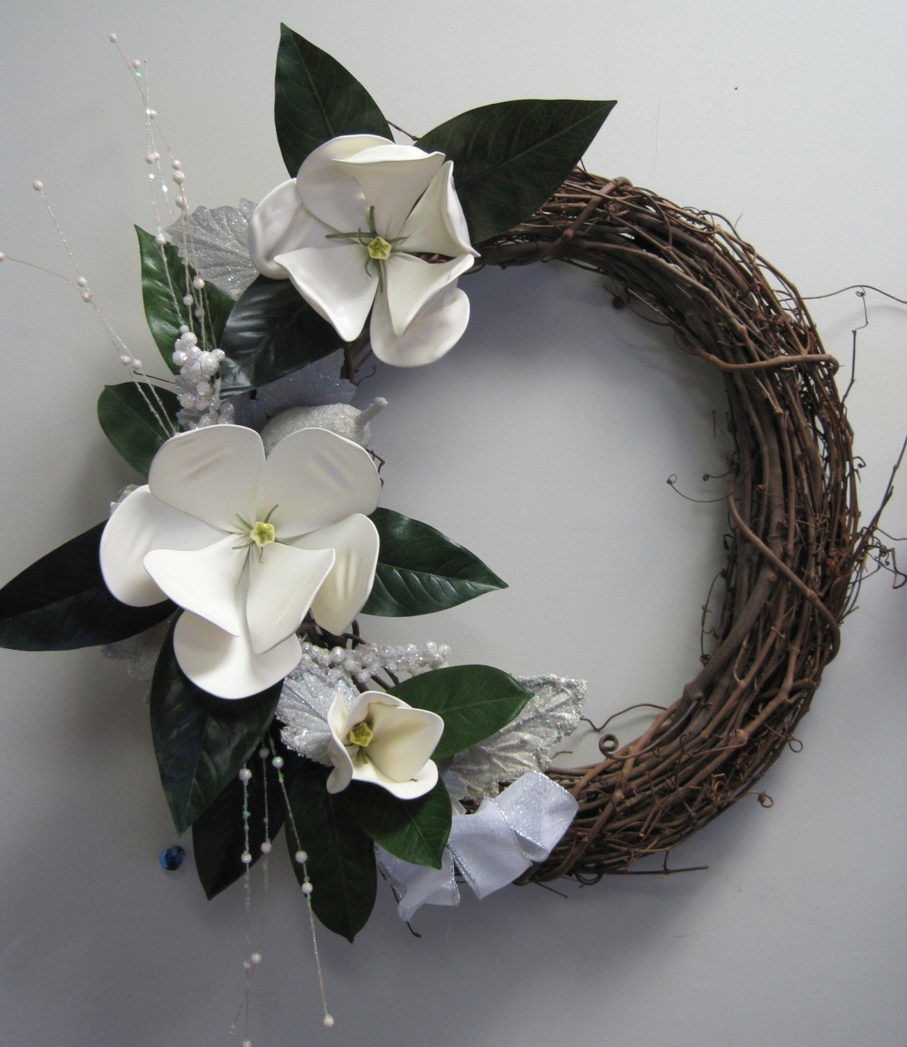 Christmas Winter Silver White Grape Vine Handmade Magnolia Wreath