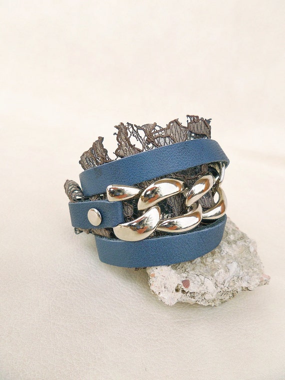 Navy blue bracelet with lace wrap bracelet leather chain