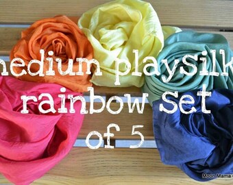 Playsilks, Rainbow Set of Five Waldorf Inspired Medium Play Silks, 21 x 21. Natural Toy, Open Ended Play, Dress Up, Montessori
