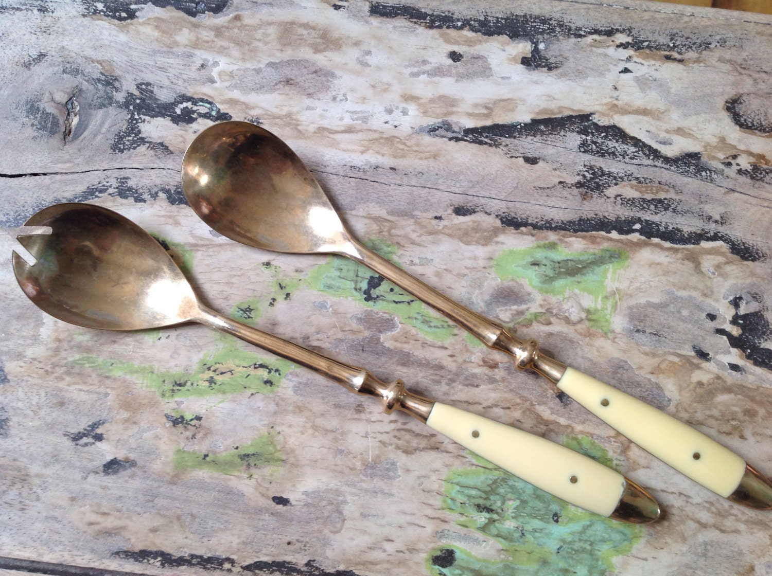 Vintage Salad Spoon and Fork Set Brass Flatware with Enamel Inlay Mid